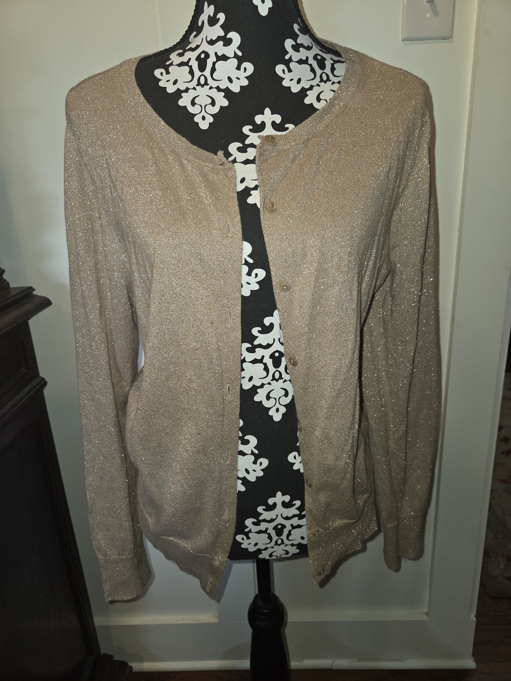 LOFT Gold Shimmer Button-Front Cardigan